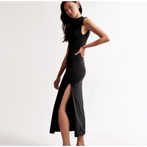 Abercrombie And Fitch Dress Small Tall Black Modal Blend Paloma Maxi Ruched - Picture 11 of 12